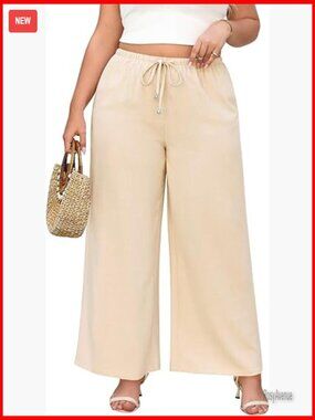 Plus Size Linen Palazzo Pants Wide Leg High Waist Boho Summer Casual